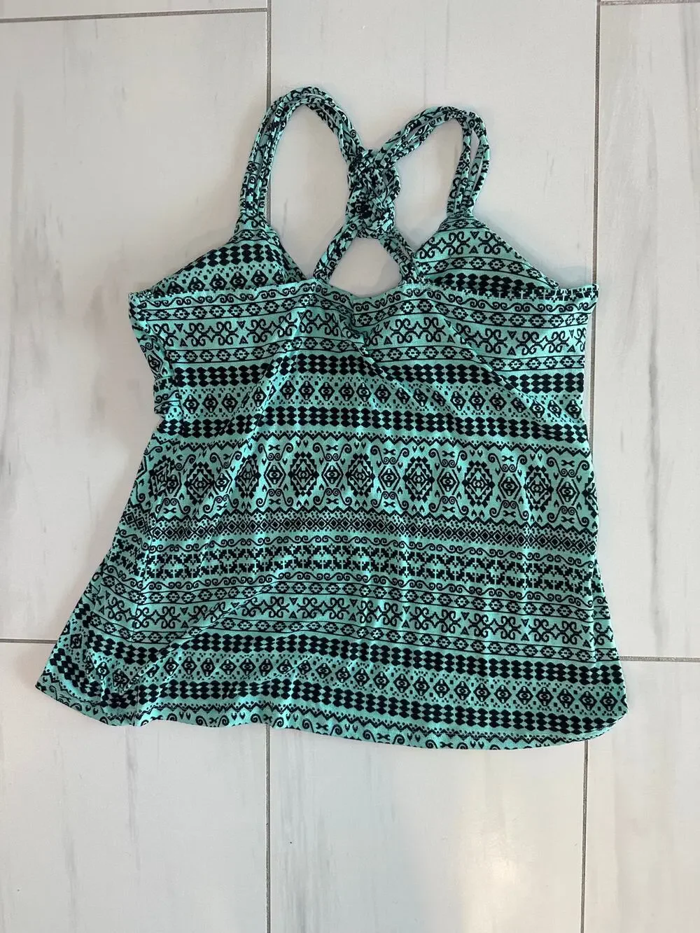 Pink Republic XL Aqua Black Tribal Print Tankini Swim Top Knotted Straps Padded
